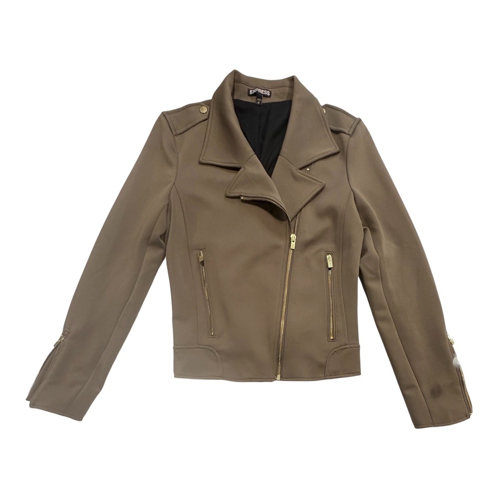 Express Women's Olive Green scuba Moto Jacket Gold Zip Asymmetric Size Medium